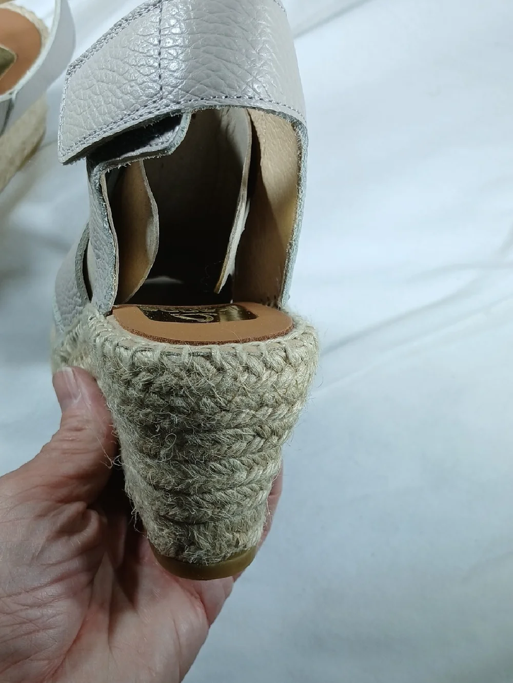 Kanba womens Wedge Espadrille Sandals - Light Gray pebbled Leather